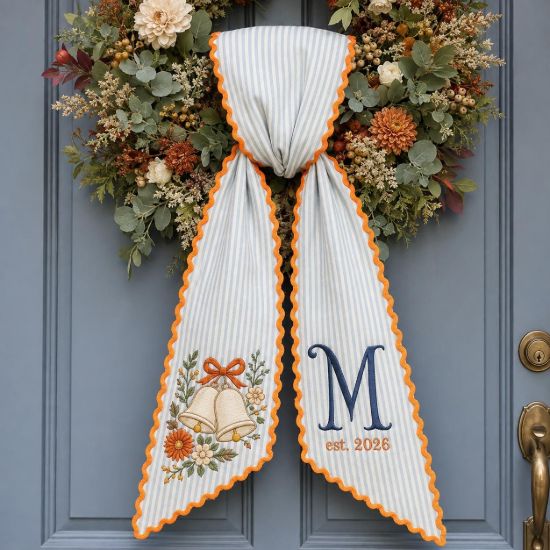 Picture of Personalized Wedding Bells Sash, Custom Monogram Established Year Sash, Embroidered Bell Bridal Gift, Newlywed Love Anniversary Keepsake