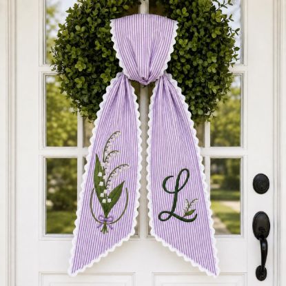 Picture of Personalized Lily of the Valley Sash, Custom Floral Monogram Embroidered Sash, Lavender Striped Spring Gift, Personalized Initial Sash