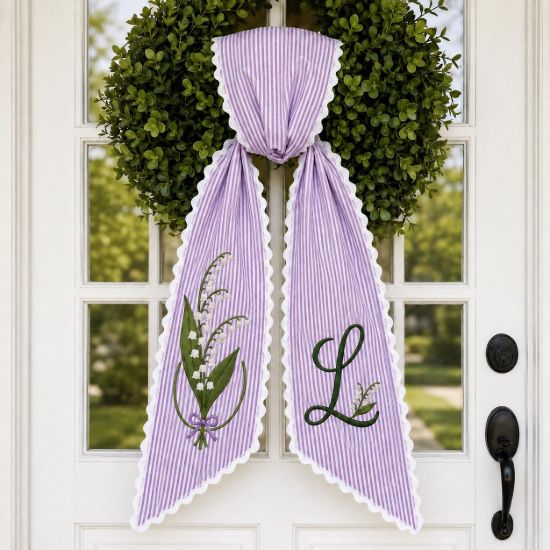 Picture of Personalized Lily of the Valley Sash, Custom Floral Monogram Embroidered Sash, Lavender Striped Spring Gift, Personalized Initial Sash