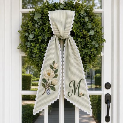 Picture of Personalized Magnolia Sash, Embroidered Floral Monogram Sash, Custom Initial Florist Southern Style Sash, Garden Lover Gift for Her Sash