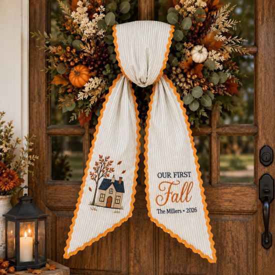 Picture of Personalized Our First Fall Sash, Embroidered New Home Family Name Sash, Custom First Autumn Keepsake, Housewarming Gift for Couple Sash