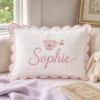 Picture of Personalized Tea Cup Name Pillow, Embroidered Scalloped Pillow, Custom Girls Name Cushion, Cherry Tea Party Nursery Decor, Kids Room Gift