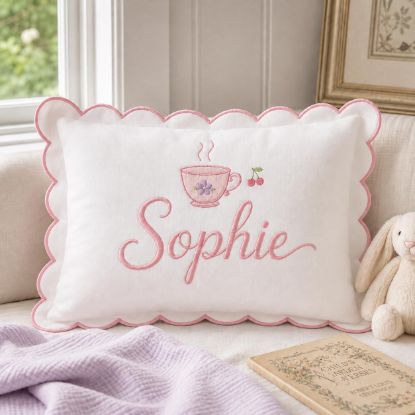 Picture of Personalized Tea Cup Name Pillow, Embroidered Scalloped Pillow, Custom Girls Name Cushion, Cherry Tea Party Nursery Decor, Kids Room Gift