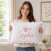 Picture of Personalized Tea Cup Name Pillow, Embroidered Scalloped Pillow, Custom Girls Name Cushion, Cherry Tea Party Nursery Decor, Kids Room Gift