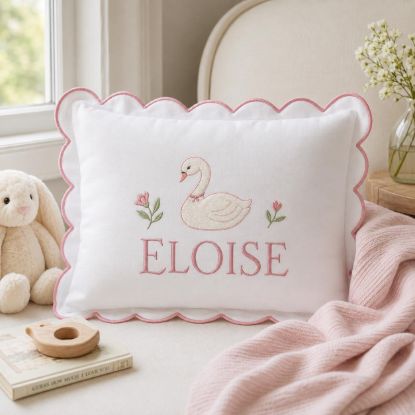 Picture of Personalized Swan Name Pillow, Embroidered Scalloped Pillow, Custom Baby Girl Cushion, Floral Swan Nursery Decor, Baby Shower Gift