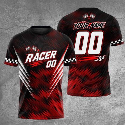 Picture of Personalized Racing Shirt, Custom Racer Name & Number Tee, Checkered Flag Motorsport Shirt, Racing Team Gift, Adult Kids Race T-Shirt