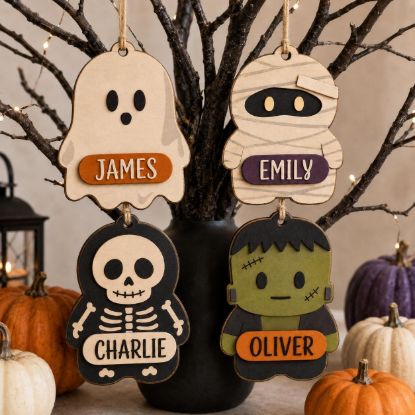 Picture of Personalized Halloween Ornament, Custom Name Wooden Ghost Mummy Skeleton Monster Ornament, Kids Halloween Gift, Spooky Family Decor