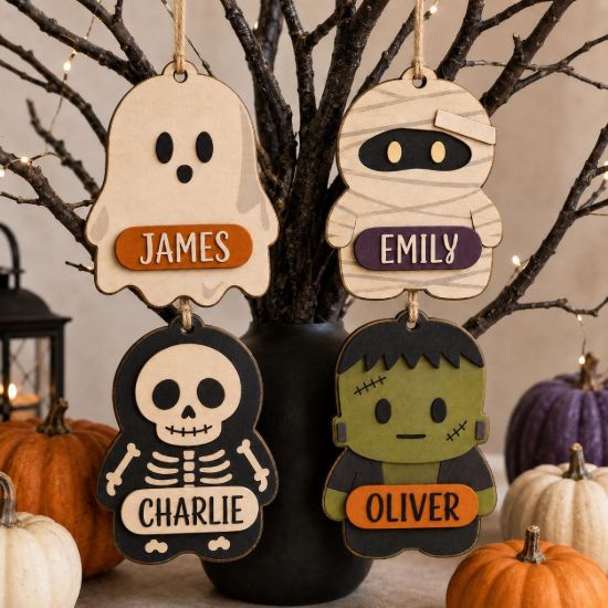 Picture of Personalized Halloween Ornament, Custom Name Wooden Ghost Mummy Skeleton Monster Ornament, Kids Halloween Gift, Spooky Family Decor