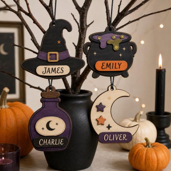 Picture of Personalized Witch Halloween Ornament, Custom Name Wooden Witch Hat Cauldron Potion Moon Ornament, Spooky Halloween Tree Decor, Kids Gift