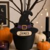 Picture of Personalized Witch Halloween Ornament, Custom Name Wooden Witch Hat Cauldron Potion Moon Ornament, Spooky Halloween Tree Decor, Kids Gift