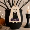 Picture of Personalized Ghost Halloween Ornament, Custom Name Wooden Ghost Ornament, Pumpkin Black Cat Potion Decor, Kids Spooky Halloween Gift