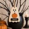 Picture of Personalized Ghost Halloween Ornament, Custom Name Wooden Ghost Ornament, Pumpkin Black Cat Potion Decor, Kids Spooky Halloween Gift