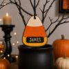 Picture of Personalized Halloween Candy Ornament, Custom Name Wooden Candy Corn Caramel Apple Lollipop Pumpkin Bucket, Kids Trick or Treat Gift