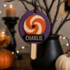 Picture of Personalized Halloween Candy Ornament, Custom Name Wooden Candy Corn Caramel Apple Lollipop Pumpkin Bucket, Kids Trick or Treat Gift