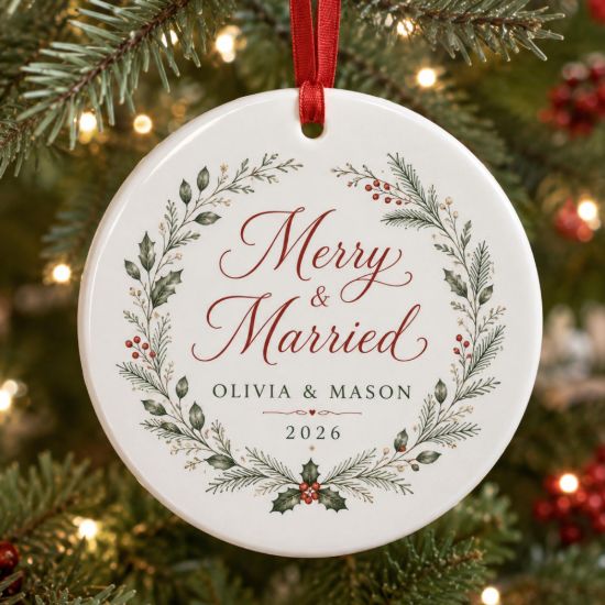 Picture of Personalized Merry & Married Ceramic Ornament 2026, Custom Couple Names, First Christmas Married Keepsake, Newlywed Wedding Christmas Gift