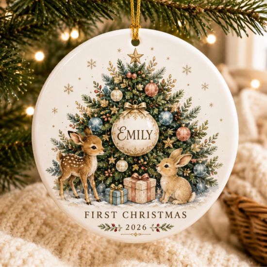 Picture of Personalized First Christmas Ceramic Ornament, Custom Name 2026 Woodland Deer Bunny Keepsake, Baby Christmas Gift, Holiday Tree Decoration