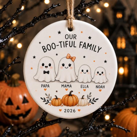 Picture of Personalized Boo-tiful Family Ceramic Ornament 2026, Custom Family Names, Cute Ghost Halloween Ornament, Spooky Family Keepsake Gift Decor