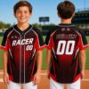 Picture of Personalized Kids Racing Baseball Jersey, Custom Name Number Racer Shirt, Checkered Flag Youth Sports Jersey, Blue Green Team Uniform