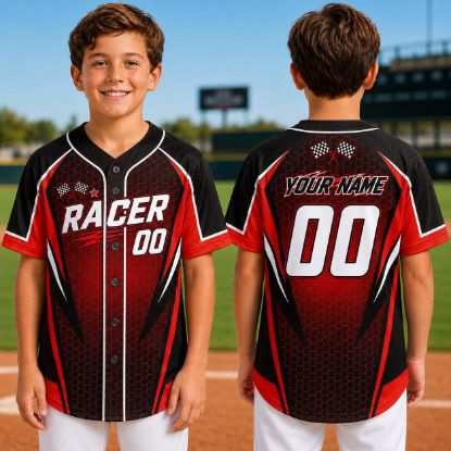 Picture of Personalized Kids Racing Baseball Jersey, Custom Name Number Racer Shirt, Checkered Flag Youth Sports Jersey, Blue Green Team Uniform