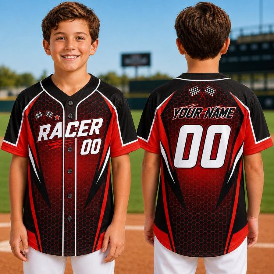 Picture of Personalized Kids Racing Baseball Jersey, Custom Name Number Racer Shirt, Checkered Flag Youth Sports Jersey, Blue Green Team Uniform