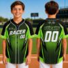 Picture of Personalized Kids Racing Baseball Jersey, Custom Name Number Racer Shirt, Checkered Flag Youth Sports Jersey, Blue Green Team Uniform