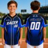 Picture of Personalized Kids Racing Baseball Jersey, Custom Name Number Racer Shirt, Checkered Flag Youth Sports Jersey, Blue Green Team Uniform