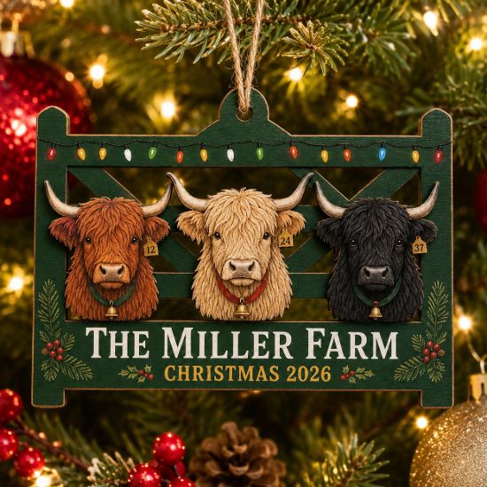 Picture of Personalized Highland Cow Christmas Ornament, Custom Farm Name Ornament, Cattle Lover Gift, Ranch Family Keepsake, Farmhouse Christmas 2026