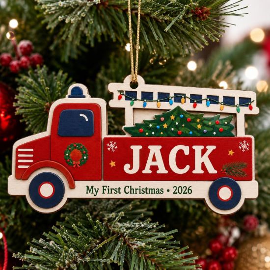 Picture of Personalized Fire Truck First Christmas Ornament, Custom Name Baby Ornament, Firefighter Kids Gift, 2026 Christmas Tree Keepsake, Boy Gift