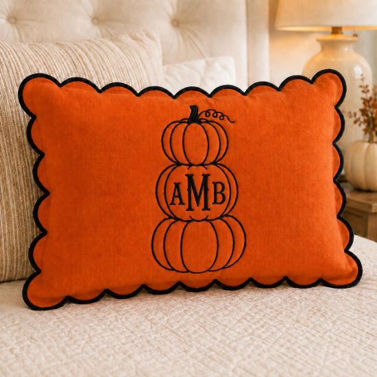 Picture of Personalized Pumpkin Monogram Pillow, Embroidered Halloween Linen Pillow, Custom Initial Fall Throw Pillow, Thanksgiving Home Decor