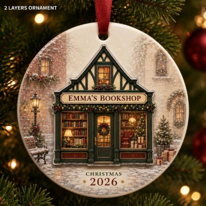 Picture of Personalized Bookstore Christmas Ornament, Custom Bookshop Name Gift, 2 Layer Ceramic Acrylic Ornament, Book Lover Keepsake, Christmas 2026
