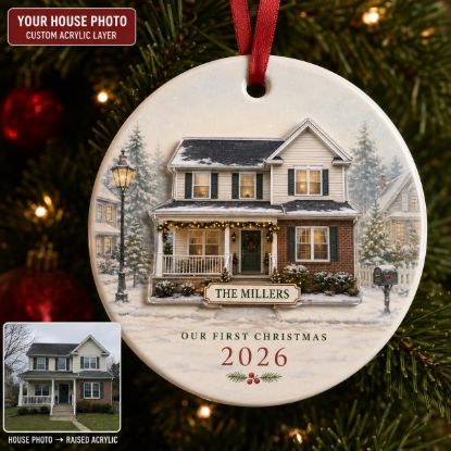 Picture of Personalized New Home Christmas Ornament, Custom Family Name House Ornament, First Christmas 2026 Gift, New Homeowner Housewarming Keepsake