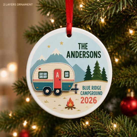 Picture of Personalized Camping Christmas Ornament, Custom Family Camper Gift, 2 Layer Ceramic Acrylic Ornament, RV Travel Keepsake, Campground 2026