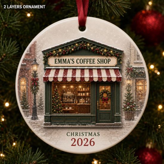 Picture of Personalized Coffee Shop Christmas Ornament, Custom Cafe Name Gift, 2 Layer Ceramic Acrylic Ornament, Small Business Gift, 2026 Xmas Decor