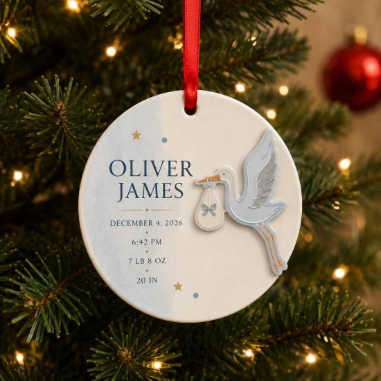 Picture of Personalized Baby Birth Stats Ornament, Custom Stork Newborn Gift, 2 Layer Ceramic Acrylic Keepsake, Baby Boy Christmas Ornament 2026 Gift