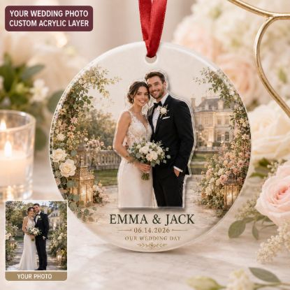 Picture of Personalized Wedding Photo Ornament, Custom Couple Christmas Gift, 2 Layer Ceramic Acrylic Keepsake, Bride Groom Wedding Date Ornament 2026