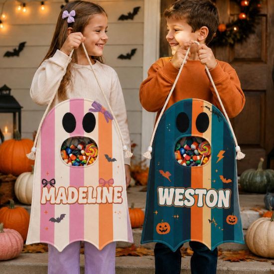 Picture of Personalized Trick or Treat Bag for Kids, Custom Name Ghost Halloween Candy Bag, Retro Halloween Tote, Boys Girls Treat Sack Halloween