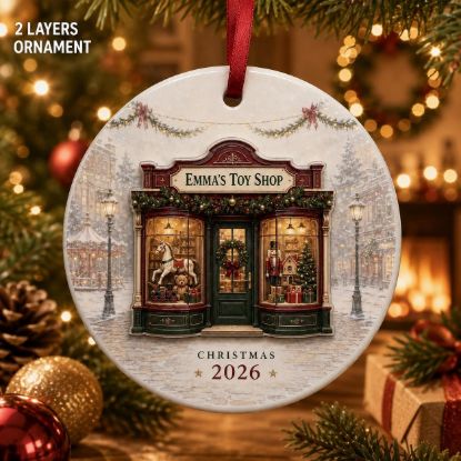 Picture of Personalized Toy Shop Christmas Ornament, Custom Shop Name Gift, 2 Layer Ceramic Acrylic Ornament, Small Business Owner Gift, Christmas 2026