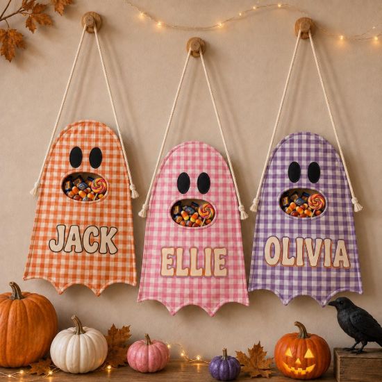 Picture of Personalized Gingham Trick or Treat Bag for Kids, Custom Name Ghost Halloween Candy Bag, Plaid Halloween Tote, Toddler Candy Sack Halloween