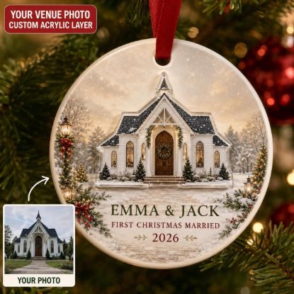 Picture of Personalized First Christmas Married Ornament, Custom Couple Wedding Chapel Gift, 2 Layer Ceramic Acrylic Keepsake, Newlywed Christmas 2026