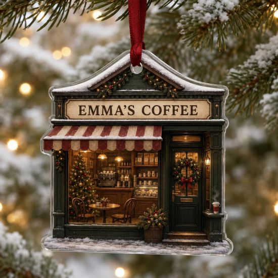 Picture of Personalized Coffee Shop Ornament, Custom Cafe Name Christmas Ornament, Acrylic Storefront Keepsake, Coffee Lover Gift, Small Business 2026