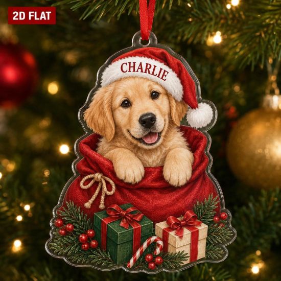 Picture of Personalized Dog Christmas Ornament, Custom Pet Name Golden Puppy Gift, 2D Flat Acrylic Ornament, Dog Lover Christmas Keepsake, Pet Gift