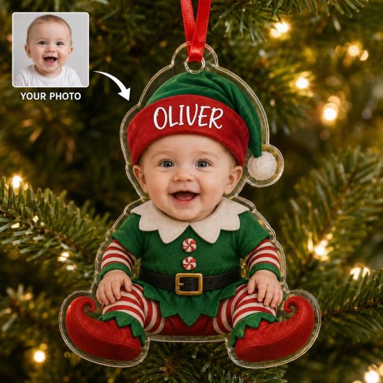 Picture of Personalized Baby Elf Ornament, Custom Baby Photo Christmas Gift, Baby First Christmas Keepsake, Kids Name Acrylic Ornament, Xmas Decor 2026
