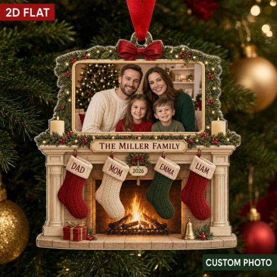 Picture of Personalized Family Photo Christmas Ornament, Custom Family Name & Stocking Names, Fireplace Holiday Keepsake, Xmas Gift for Parents 2026