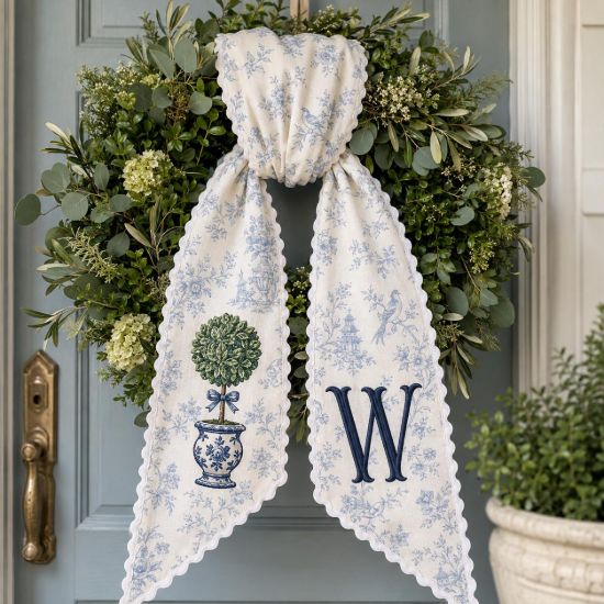 Picture of Personalized Chinoiserie Wreath Sash, Blue Toile Monogram Christmas Bow, Topiary Ginger Jar Holiday Decor, White Ric Rac Door Sash Gift
