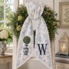 Picture of Personalized Chinoiserie Wreath Sash, Blue Toile Monogram Christmas Bow, Topiary Ginger Jar Holiday Decor, White Ric Rac Door Sash Gift