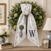 Picture of Personalized Chinoiserie Wreath Sash, Blue Toile Monogram Christmas Bow, Topiary Ginger Jar Holiday Decor, White Ric Rac Door Sash Gift