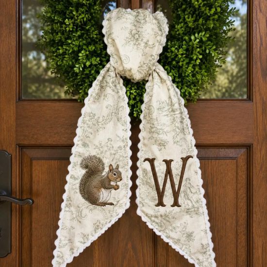 Picture of Personalized Squirrel Hunting Wreath Sash, Toile Monogram Sash, Woodland Fall Wreath Bow, Custom Initial Thanksgiving Sash, Fall Decor Gift