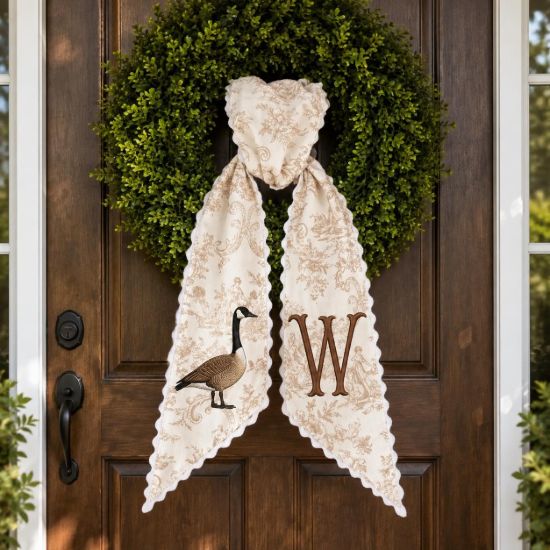 Picture of Personalized Goose Hunting Wreath Sash, Neutral Toile Monogram Sash, Custom Thanksgiving Sash, Farmhouse Hostess Gift, Autumn Wreath Bow
