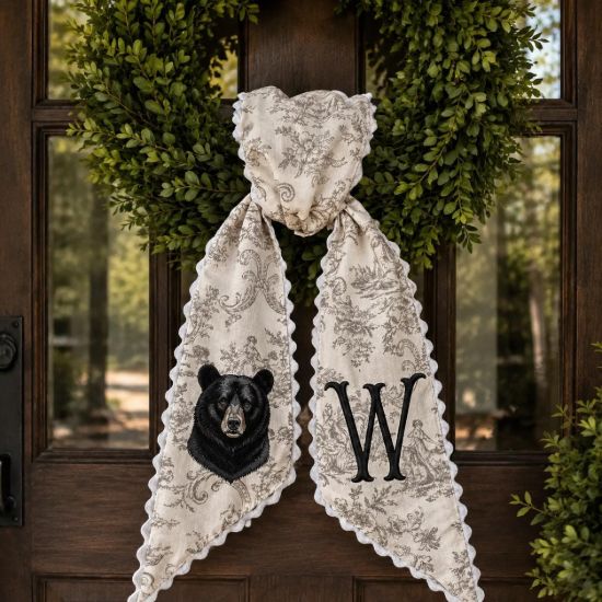 Picture of Personalized Black Bear Wreath Sash, Hunting Monogram Sash, Woodland Cabin Sash, Custom Initial Fall Wreath Sash, Rustic Lodge Hostess Gift