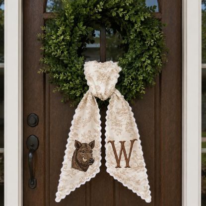 Picture of Personalized Wild Boar Wreath Sash, Neutral Monogram Sash, Custom Initial Hunting Bear  Wreath Bow, Rustic Thanksgiving Lodge Hostess Gift